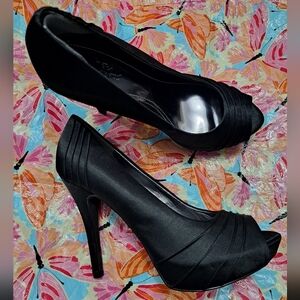 Black Satin Peep Toe Platform Heels  Size 9